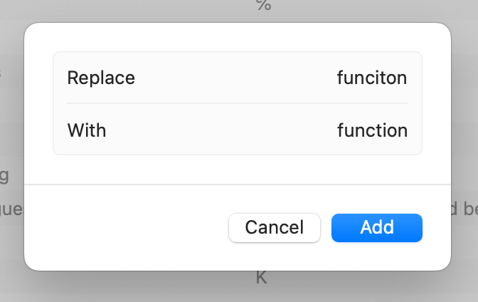 macOS text replacements dialog